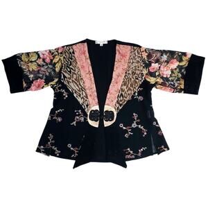 Vintage Spencer Alexis Petite Floral Cheetah Open Front Silk Shirt Blouse Top